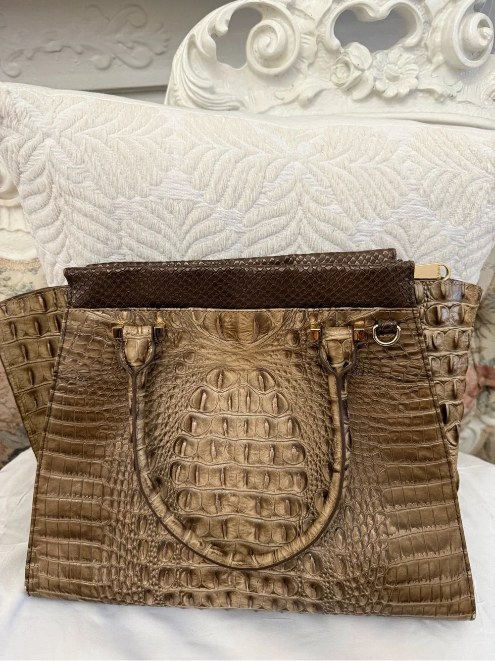 Croc-Embossed Tote in Beige and Brown with Red Trim